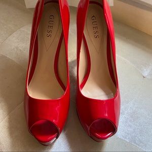 Guess Red patent peep toe heels. 9.5